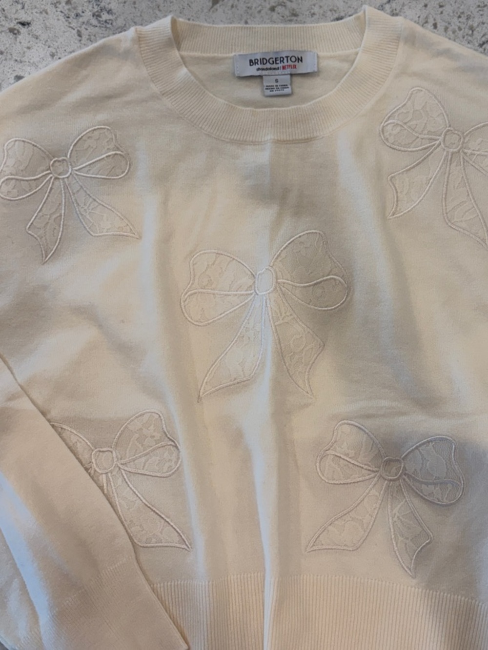Cream Bow Embroidered womens Sweater